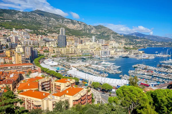 Vista Porto Cidade Monte Carlo Com Iates Luxo Porto Mónaco — Fotografia de Stock