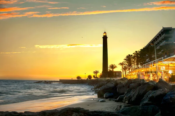 Frente Mar Com Café Costeiro Vista Para Farol Maspalomas Pôr — Fotografia de Stock