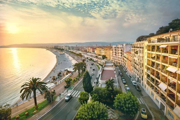 Vista Del Promenade Des Anglais Niza Con Casas Apartamentos Playa — Foto de Stock