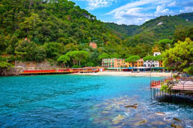 Turkuaz körfezde küçük plajlı resim manzarası. Portofino, Liguria, İtalya