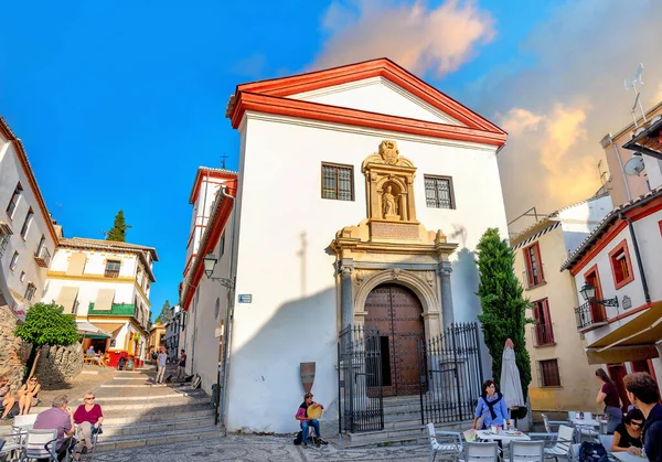 Granada Hiszpania Październik 2016 Scena Uliczna Kawiarnią Widokiem Kościół Grzegorza — Zdjęcie stockowe