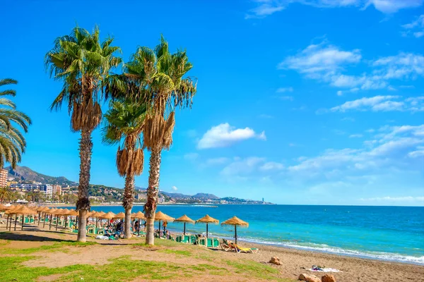 Uitzicht Het Beroemde Malagueta Strand Malaga Costa Del Sol Andalusië — Stockfoto