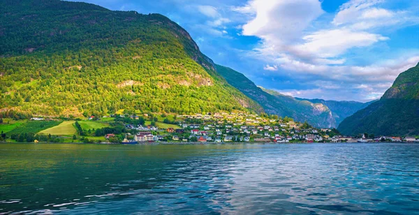 Blick Auf Die Küste Und Das Dorf Flam Sognefjord Aurlandsfjord — Stockfoto