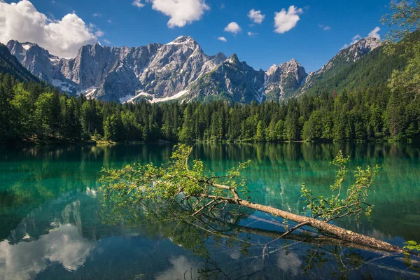 Wiosenny krajobraz nad jeziorem Fusine na zboczach Alp Julijskich — Zdjęcie stockowe