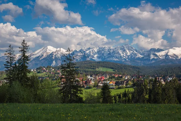 Panorama des montagnes enneigées Tatra et village de Podhale Bukowina T — Photo