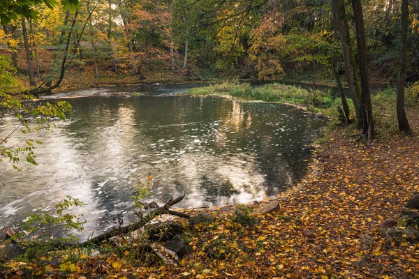 Ευρύτερο ποτάμι το φθινόπωρο κοντά στο παλιό weir κοντά στο Kolbiel, Masovia — Φωτογραφία Αρχείου