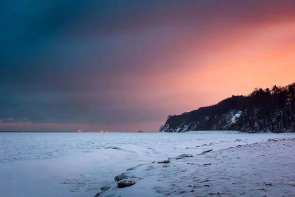Crépuscule Sur Mer Baltique Gelée Gdynia Pomorze Pologne — Photo