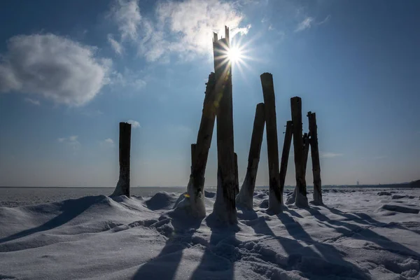 Piles Sur Plage Gdynia Orlowo Hiver Pomorskie Pologne — Photo