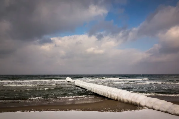 Brise Lames Gelés Sur Plage Populaire Dans Village Chalupy Près — Photo