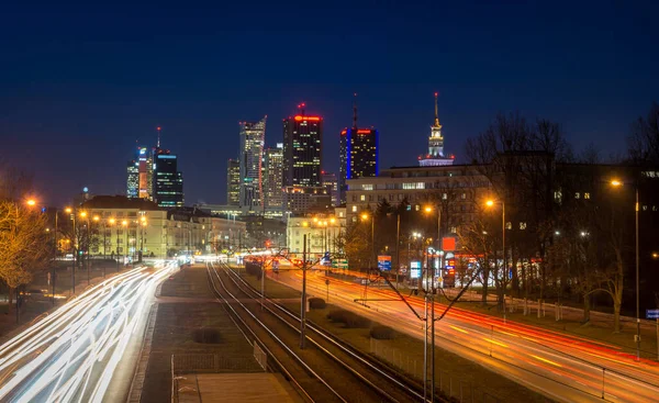 Widok Nocny Centrum Warszawy Polska — Zdjęcie stockowe