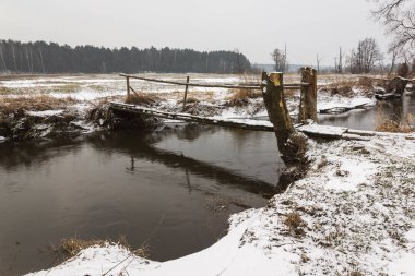 Polonya, Masovia 'daki Bogatki köyü yakınlarındaki Jeziorka nehri ile kış manzarası