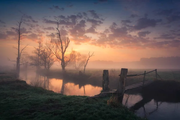 Nebel Morgen Auf Dem Fluss Jeziorka Bei Piaseczno Polen — Stockfoto
