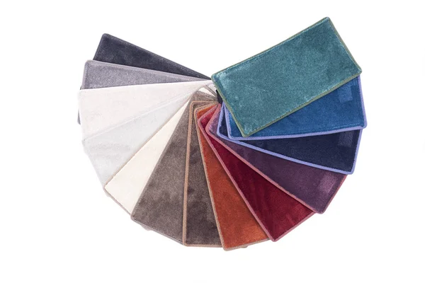 Types and samples of carpets in different colors. Carpets for ro — Stock Photo, Image