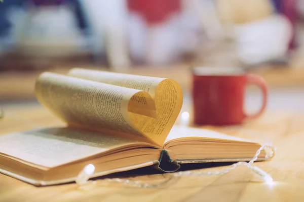 Liebe zum Lesen oder Valentinstag Hintergrund. Offenes Buch mit — Stockfoto