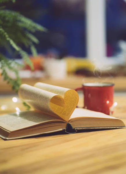 Liebe zum Lesen oder Valentinstag Hintergrund. Offenes Buch mit — Stockfoto