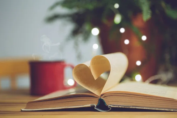 Liebe zum Lesen oder Valentinstag Hintergrund. Offenes Buch mit — Stockfoto