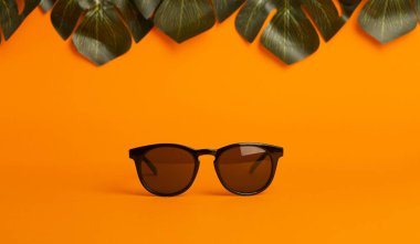 Yaz ve tatil konsepti. Güneş gözlüğü ve tropik yapraklar