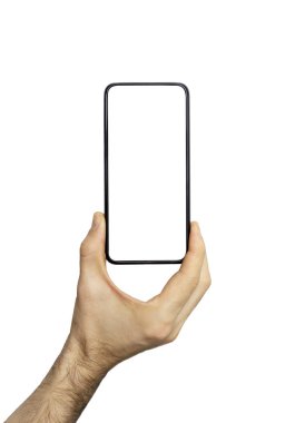 Akıllı telefon (telefon) bir elde boş ekran. Siyah akıllı telefon izolü