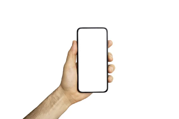 Smartphone (telefono) schermo vuoto in una mano. Nero smartphone isol — Foto Stock