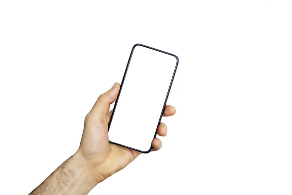 Smartphone (τηλέφωνο) κενή οθόνη σε ένα χέρι. Μαύρο isol smartphone — Φωτογραφία Αρχείου
