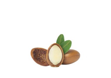 Argan yağı izole edildi. Beyaz arka planda yağlı Argan tohumları. 