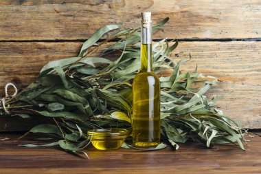 Okaliptüs yağı kozmetiği. Okaliptüs yaprakları, kozmetik ve aromaterapi (spa) için yağ ve özü. Doğal Biyolojik Kozmetik ve Malzemeler.