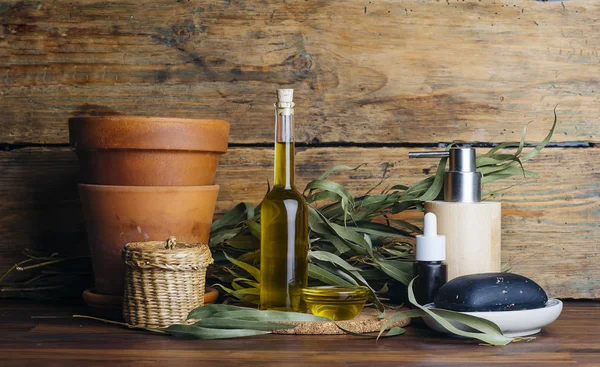 Eucalyptus oil cosmetics. Eucalyptus leaves, oil and extract for cosmetics and aromatherapy (spa) background. Natural bio eco cosmetics and ingredients.
