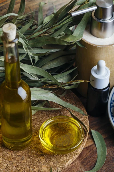 Eucalyptus oil cosmetics. Eucalyptus leaves, oil and extract for cosmetics and aromatherapy (spa) background. Natural bio eco cosmetics and ingredients.