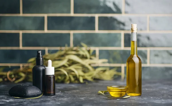Eucalyptus oil cosmetics. Eucalyptus leaves, oil and extract for cosmetics and aromatherapy (spa) background. Natural bio eco cosmetics and ingredients.