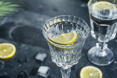 Limonlu su arıtma. Saf soğuk su, kristal bardaklarda limon güneşli yaz güneşinde karanlık bir arka planda..