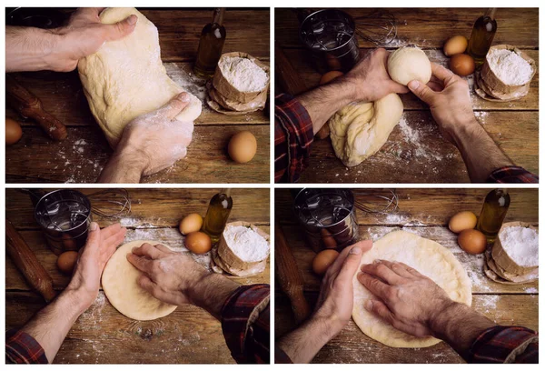 Pizza dough cooking in the home kitchen. Homemade dough for bread, pizza, pastries and rolls. The process of making pizza. Cooking pizza basics, kneading and rolling dough.