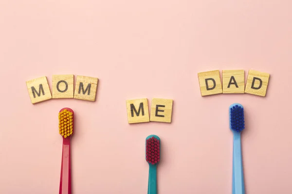 Kids Toothbrushes Different Colors Pink Background Teeth Oral Hygiene Children — Stock Photo, Image