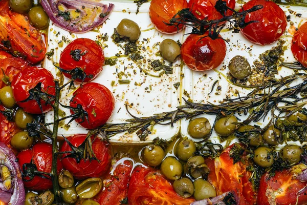 Legumes Assados Com Queijo Feta Azeitonas Cebolas Ervas Aromáticas Especiarias — Fotografia de Stock