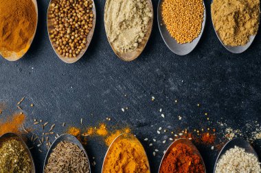 Kaşıklar arka planda baharatlar. Yemek pişirmek için çeşitli baharatlar (zerdeçal, biber, biber, kişniş, tarçın) ve biberler. Mutfak yemekleri konsepti.