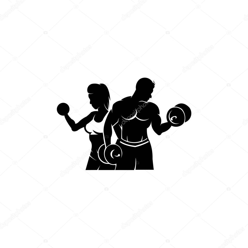 Physical Fitness, Sport Gym Logo,Bodybuilder with big muscles posing, isolated vector silhouette, Front view