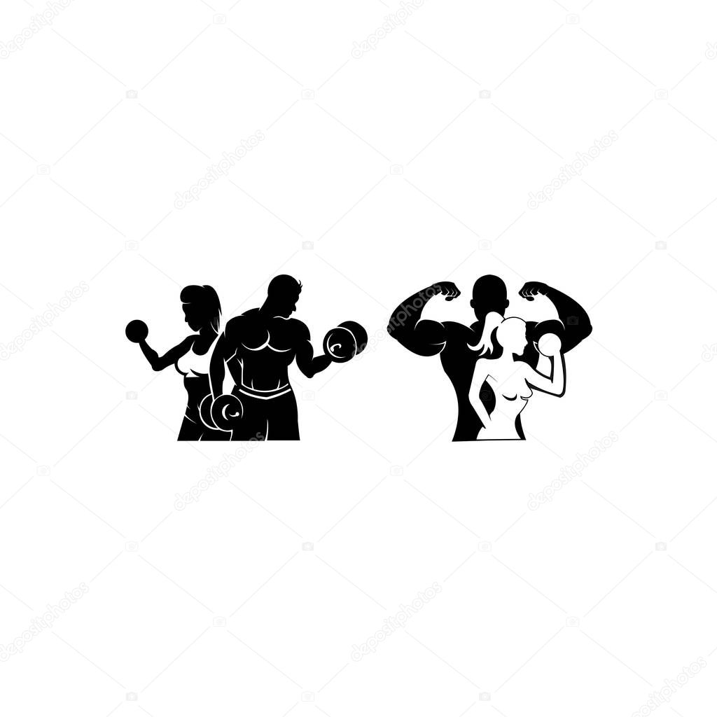 Physical Fitness, Sport Gym Logo,Bodybuilder with big muscles posing, isolated vector silhouette, Front view