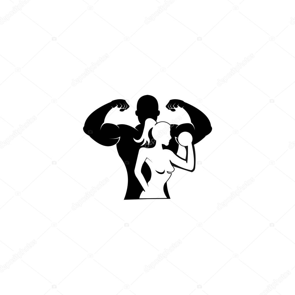 Physical Fitness, Sport Gym Logo,Bodybuilder with big muscles posing, isolated vector silhouette, Front view