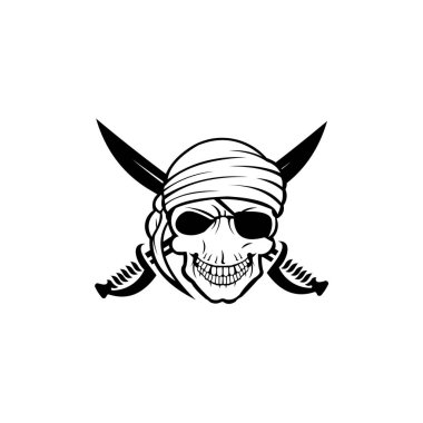 Kaptan ve bıçak vektörü, korsan şapkalı ve göz bantlı insan. Vintage logo, kurukafa dövmesi şablonu tasarımı.