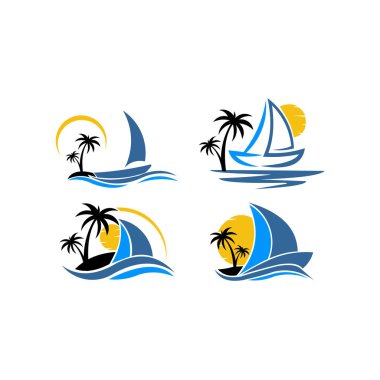 Palmiyeli bir teknenin ilham logosu. Metin izole edilmiş vektör ikon gemisi denizde. İş, tatil, seyahat acentası, yat kulübü, yolculuk, gidiş dönüş ve gezi konsepti için yuvarlak amblemler.