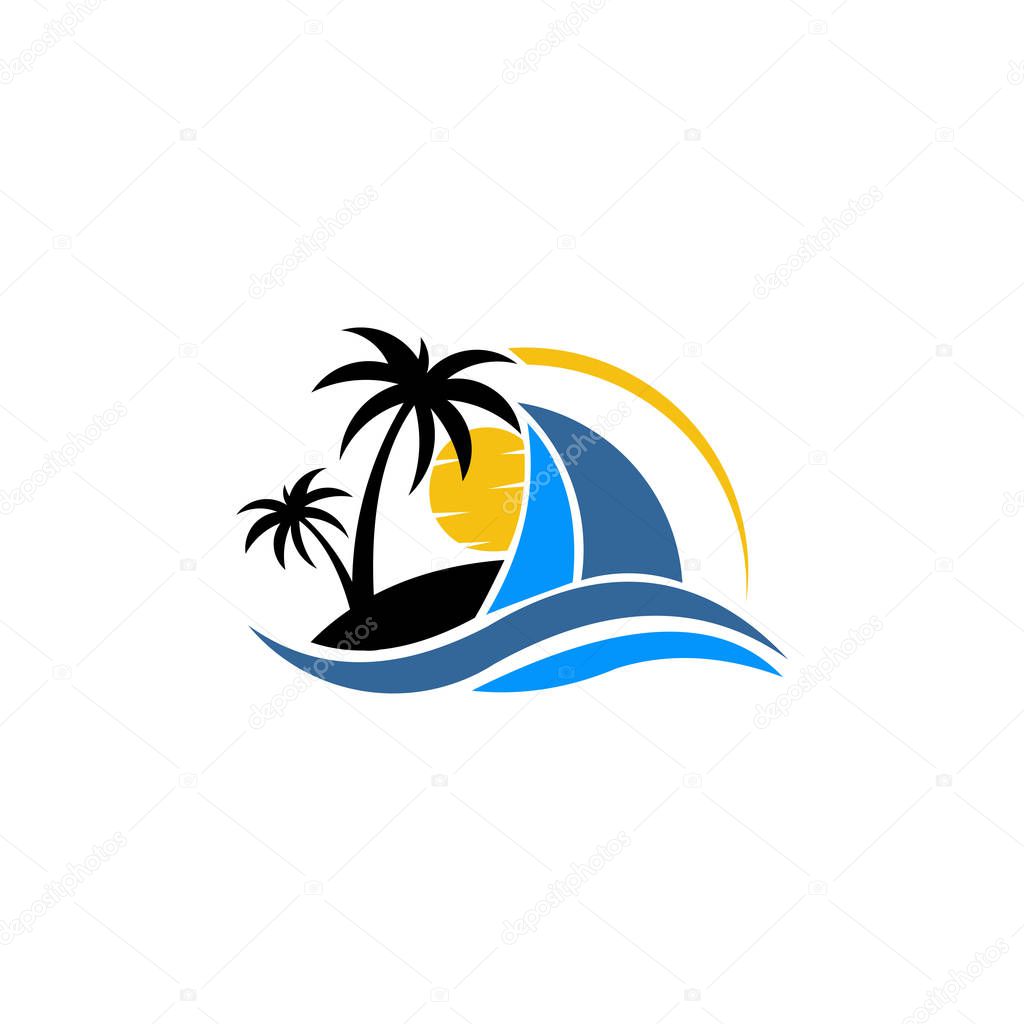 Inspiration  logo of a boat with palm. Vector icon ship in the sea with text isolated. Round emblems for design of business, holiday, travel agency, yachting club, voyage, round trip and cruise concept.