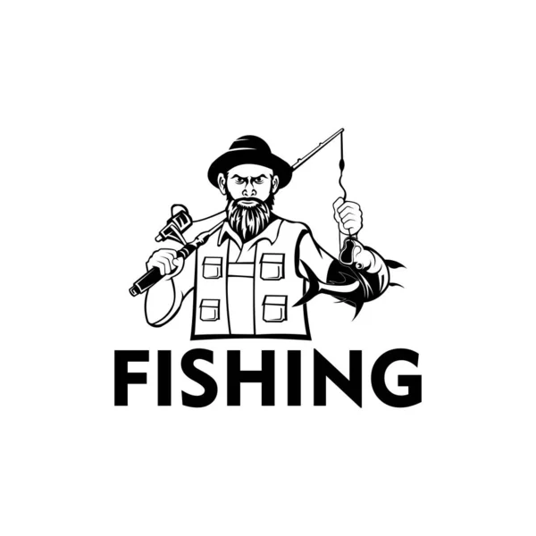 Rybak Kapeluszem Trzymając Wędkę Ryby Fly Połowów Logo Turnieju — Wektor stockowy