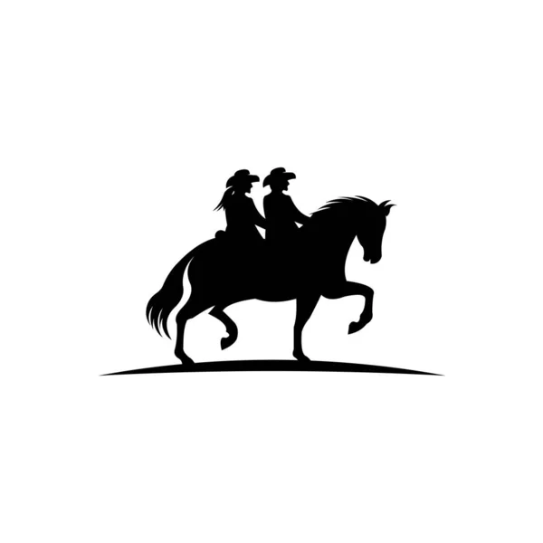 馬に乗るラッソの男と女シルエットで馬に乗るカウボーイ — ストックベクタ