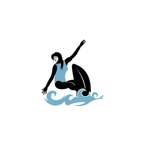 サーフボードモノクロームシルエットでポーズをとる女 サーフィン女性ベクトル — ストックベクタ