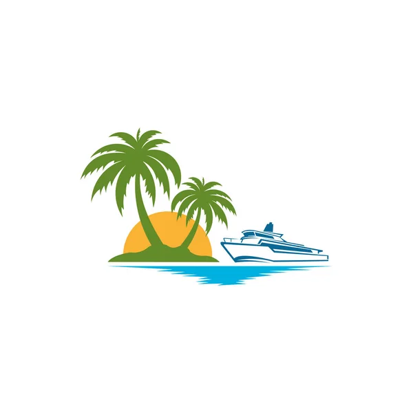 Palma Tropical Isla Con Mar Velero Vector Logo — Archivo Imágenes Vectoriales