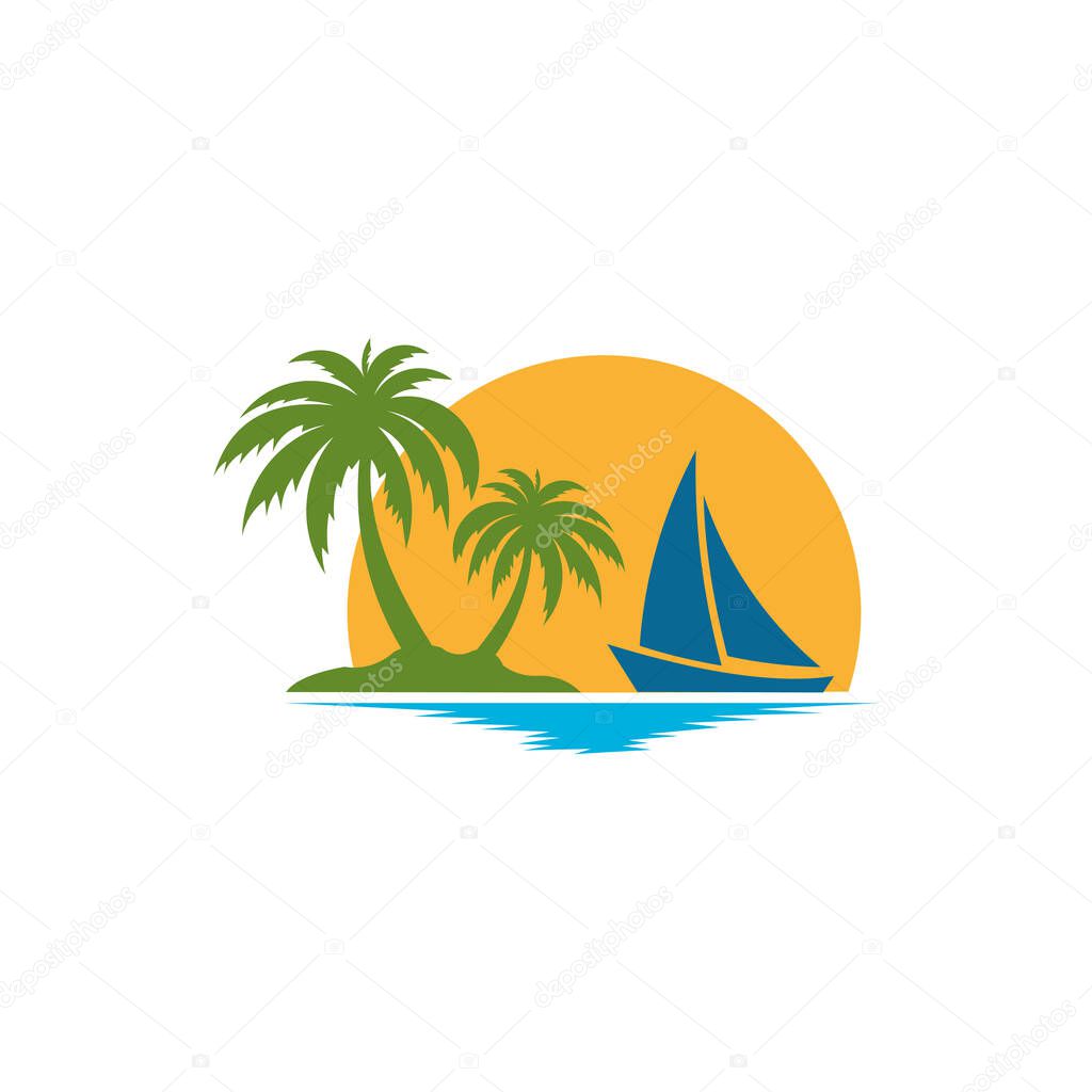 Tropical palm on island with sea and sailboat  Vector logo