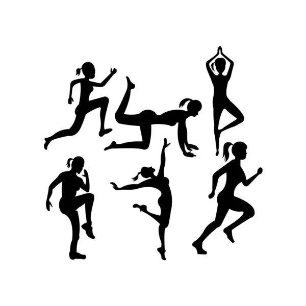 Набор Силуэтов Девушек Делающих Упражнения Мышц Тела — стоковый вектор