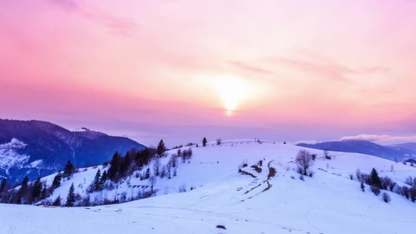 산봉우리에 는 바람에 의해 눈보라가 일고 있다. 겨울 풍경. 눈이 내리는 추운 날. — 비디오