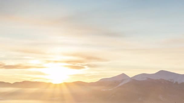 Dimmigt morgon i vinter Bergs skogen på bakgrunden av dramatisk molnig himmel. Timelapse. 4K — Stockvideo