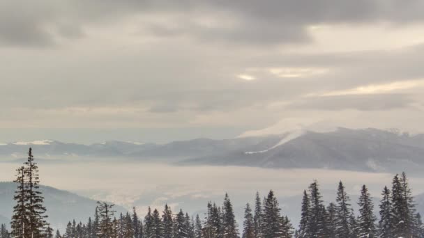 Pico de montaña con nieve soplada por el viento. Paisaje invernal. Día frío, con nieve. — Vídeos de Stock