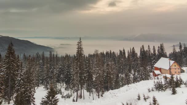 Bergtop met sneeuw waait door de wind. Winterlandschap. Koude dag, met sneeuw. — Stockvideo